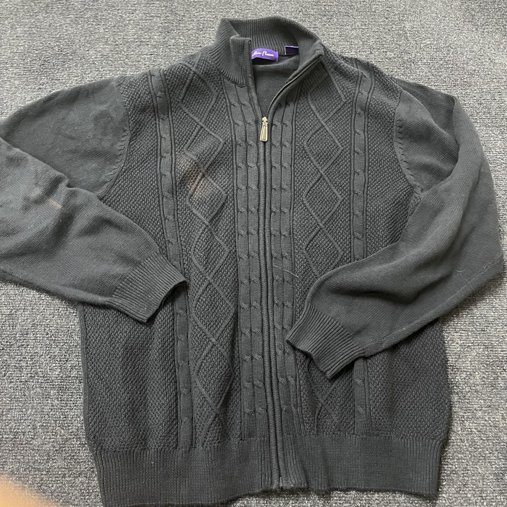 Alan Flusser Sweater Mens Large Gray Full Zip‎ Cable Knit Cotton Mock Neck